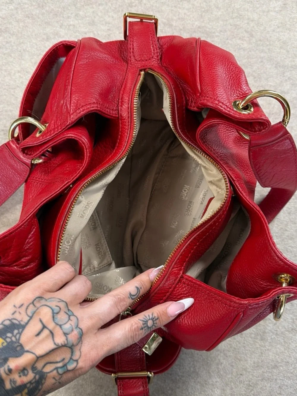 Michael Kors Red Pebbled Leather Shoulder Tote with Gold Hardware